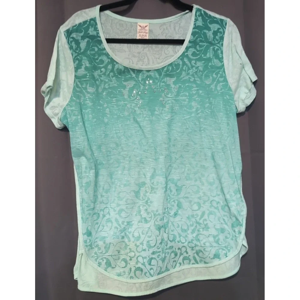Faded Glory Opaline Green Burnout Damask Rhinestone Top, Women's XL 16-18‎
